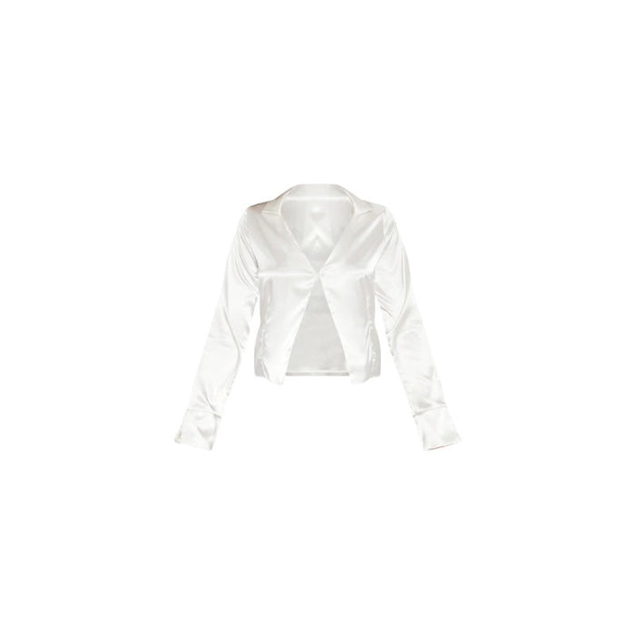 Color-White-Solid Color Women Clothing Satin Single Button Cropped Shirt-Fancey Boutique