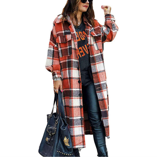 Color-Orange-Autumn Winter Long Trench Coat Side Slit Collared Slim Women Woolen Plaid Coat-Fancey Boutique