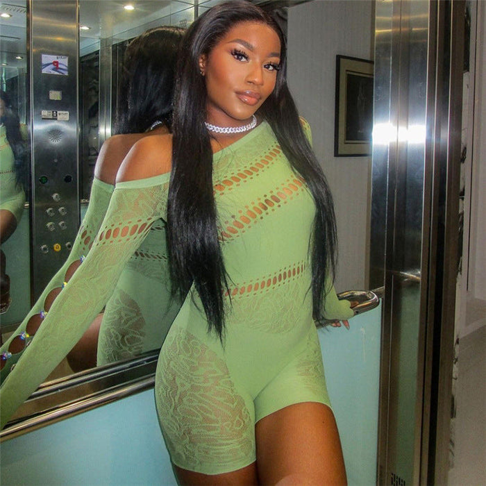 Color-Green-Summer Women Clothing Sexy Cutout Skinny Knit See through High Waist Casual Romper for Women-Fancey Boutique