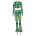 Color-Green-Printed Two Piece sets Autumn round Neck Long Sleeve Bell Bottom Pants Tight Casual sets for Women-Fancey Boutique