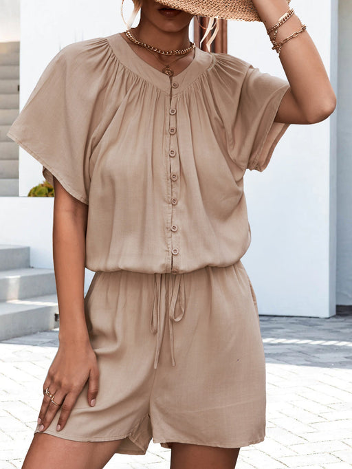 Color-Apricot-Spring Summer Solid Color Pleated Lace up Button Jumpsuit Casual Short-Fancey Boutique