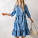 Color-Sky Blue Pleated Denim Full Buckle Midi Dress Women Loose Knee Length-Fancey Boutique