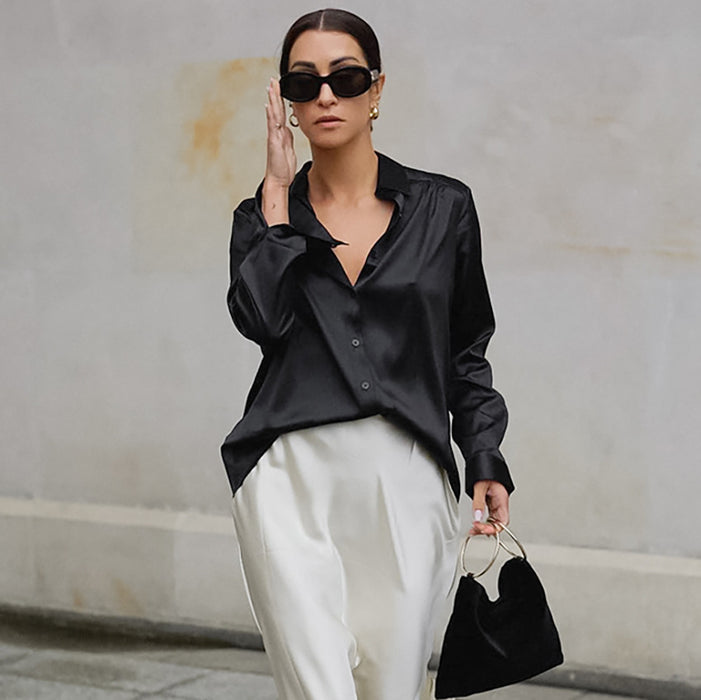 Color-Black Satin Matte Silk-like Office Long Sleeve Shirt Autumn Top for Women-Fancey Boutique