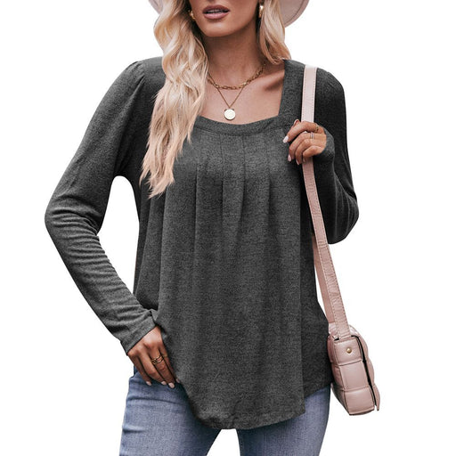 Color-Dark Grey-Women Autumn Winter Casual Square Collar Pleated Long Sleeve T shirt-Fancey Boutique