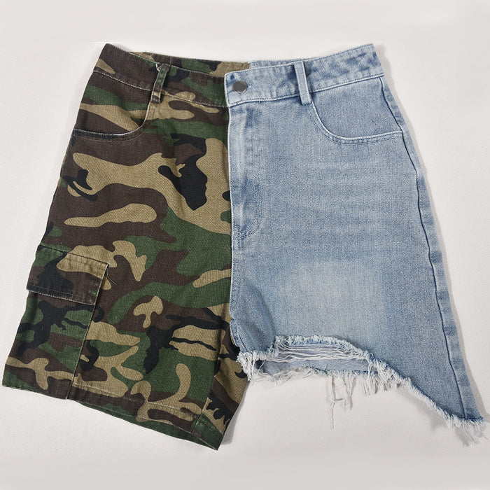 Color-Camouflage contrast color-Women Clothing Denim Tassel Special Stitched Camouflage Shorts for Women-Fancey Boutique