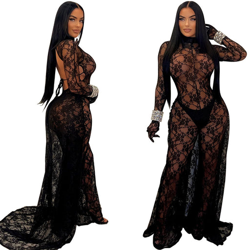 Color-Sexy Women Clothing Sexy See through Lace Backless Lace up Jumpsuit-Fancey Boutique