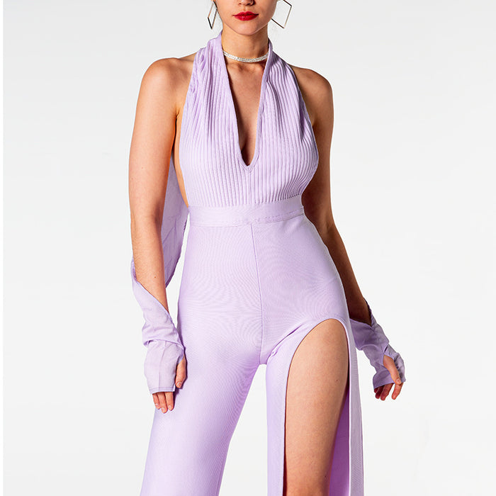 Color-Women Summer Backless Halter V neck Slimming Backless Slit Jumpsuit-Fancey Boutique