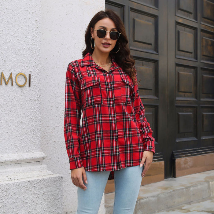 Color-Red-Plaid Shirt Brushed Long Sleeve Mid-Length Loose Shirt Women Top Women Clothing-Fancey Boutique
