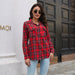 Color-Red-Plaid Shirt Brushed Long Sleeve Mid-Length Loose Shirt Women Top Women Clothing-Fancey Boutique