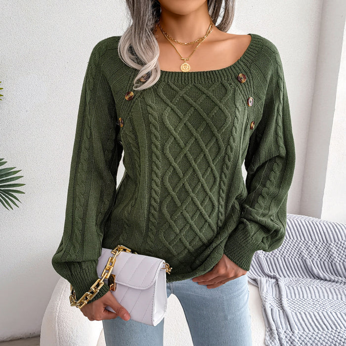 Color-Autumn Winter Casual Square Collar Clinch Twist Knitted Pullover Sweater Women Clothing-Fancey Boutique