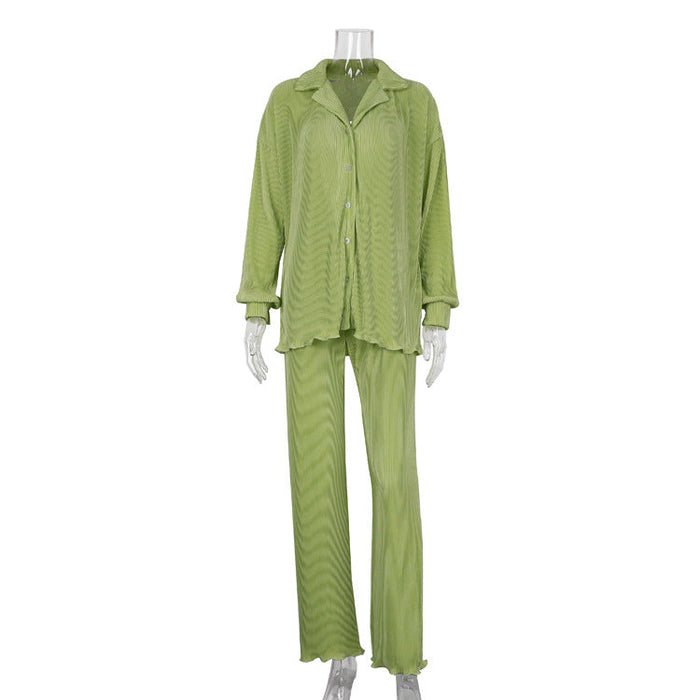 Color-Light Green-Long Sleeve Collared Pleated Shirt Women Wide Leg Mopping Drape Pleated Trousers Suit-Fancey Boutique