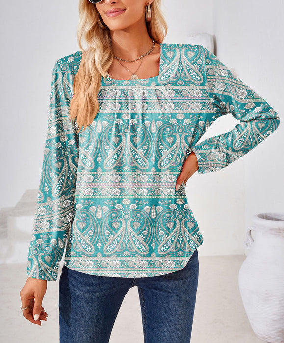 Color-Skyblue-Autumn Winter Square Collar Pleated Jacquard Long Sleeve Loose Fitting T Shirt Top Women-Fancey Boutique