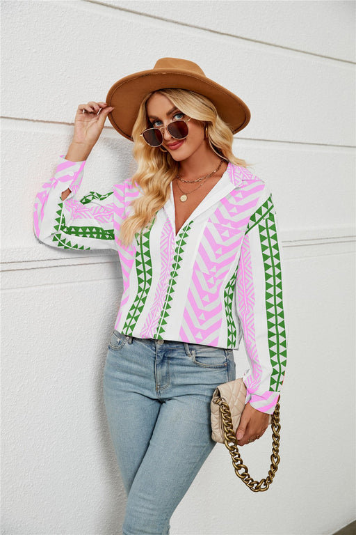 Color-Pink-Women Bohemian Collared Shirt Striped Shirt Casual Women Top-Fancey Boutique