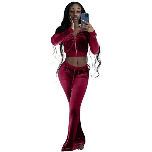 Color-Burgundy-Women Clothing Two-Piece Korean Velvet Solid Color Long Sleeve Sexy cropped Casual Sports Suit-Fancey Boutique