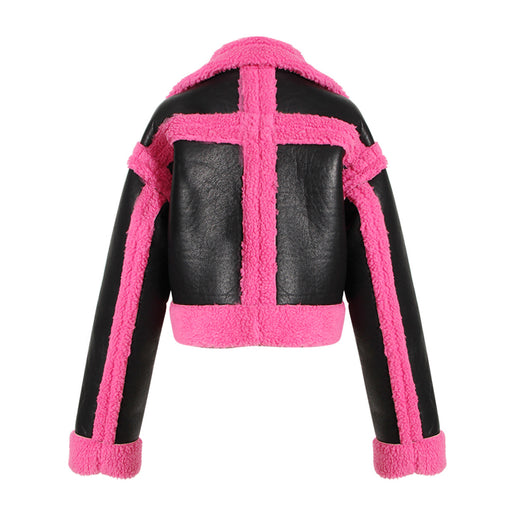 Color-Big Collared Motorcycle Jacket Pink Contrast Color Faux Fur Fur Jacket-Fancey Boutique