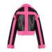 Color-Big Collared Motorcycle Jacket Pink Contrast Color Faux Fur Fur Jacket-Fancey Boutique