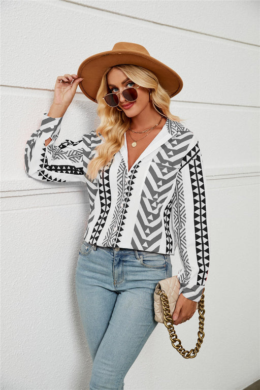 Color-Gray-Women Bohemian Collared Shirt Striped Shirt Casual Women Top-Fancey Boutique