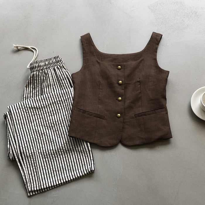 Color-Coffee-Retro Linen Vest for Women Autumn Special-Interest Square Collar Sleeveless Short Top-Fancey Boutique