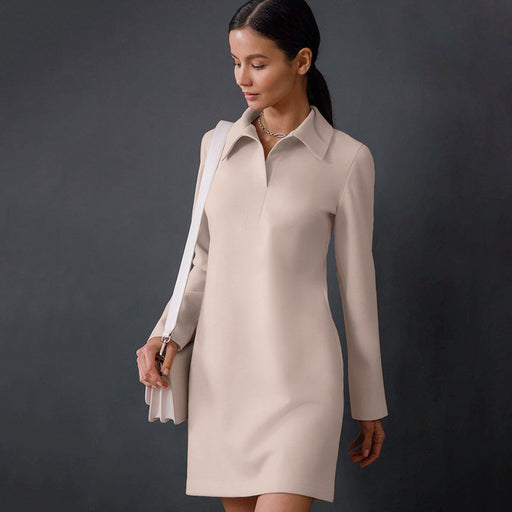Color-Khaki-Autumn Winter Polo Collar Dress Basic Khaki Long Sleeve Slim Fit Hip Wrapped Short Dress-Fancey Boutique