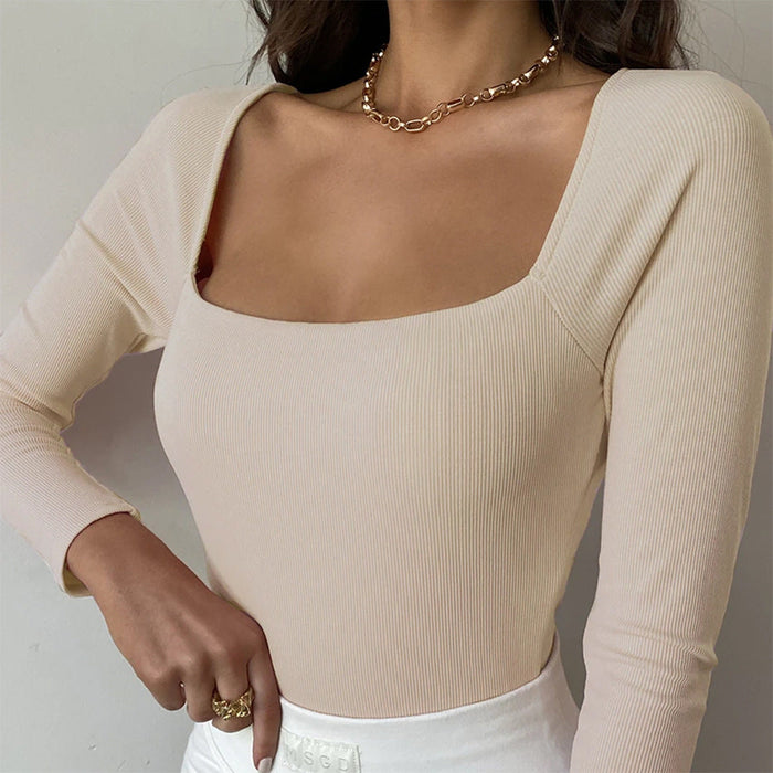 Color-Apricot-Long Sleeve off Shoulder Thread Bodysuit Spring Summer Women Clothing-Fancey Boutique