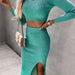 Color-Turquoise-Autumn Winter Women Clothing Solid Color Thread Long Sleeve Sexy Split Maxi Dress Two Piece Set-Fancey Boutique