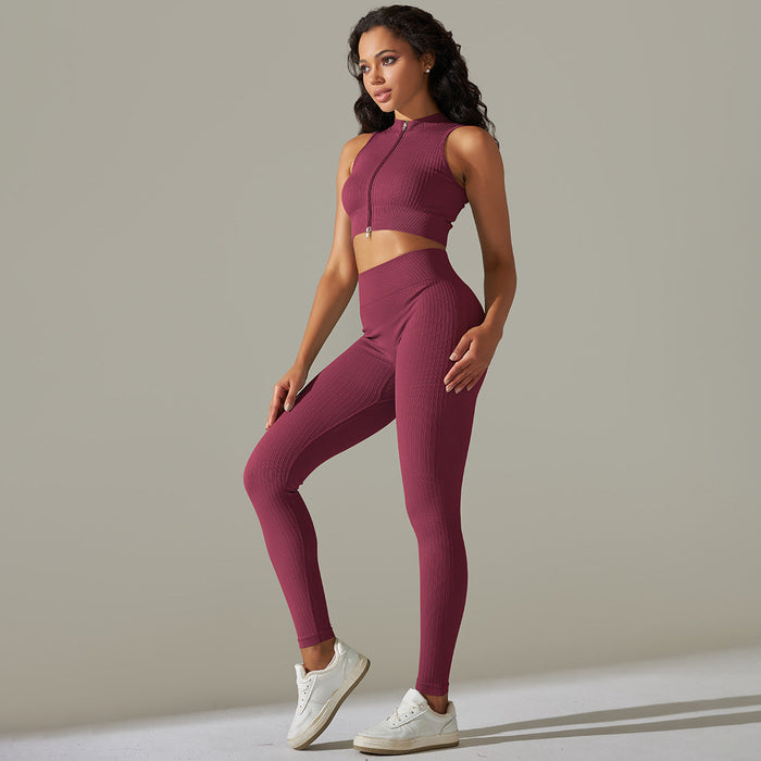 Color-Wine Red-Seamless Knitted Zipper Thread Sexy Sports Vest Pants Yoga Clothes Fitness Suit Women-Fancey Boutique