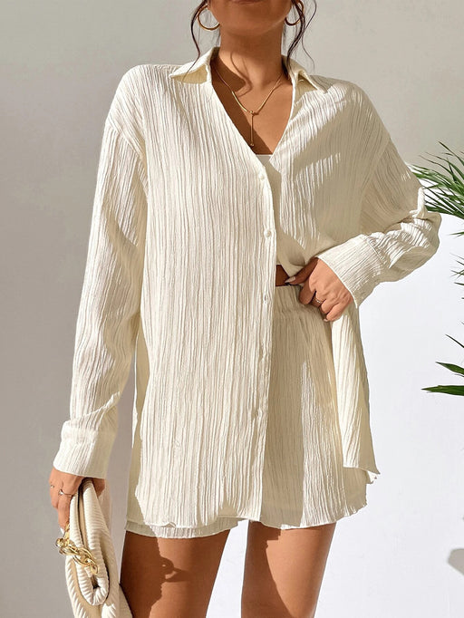 Color-V neck Shirt Long Sleeve Shorts Casual Pleated Texture Women Suit-Fancey Boutique