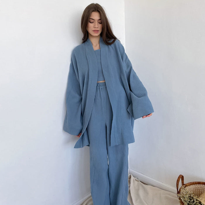 Color-Navy Blue-Fall French Loose Nightgown Trousers Double Layer Gauze Women Pajamas Solid Color Cotton Absorbent Moisture Wicking Clothing-Fancey Boutique