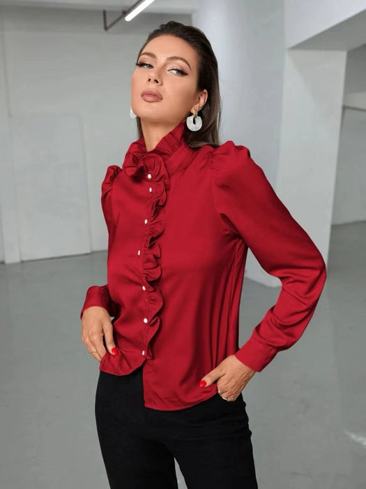 Color-Red-Women Shirt Autumn High Grade Acetate Fabric Shirt Half Sleeve Ruffled Straight Women Top-Fancey Boutique