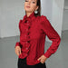 Color-Red-Women Shirt Autumn High Grade Acetate Fabric Shirt Half Sleeve Ruffled Straight Women Top-Fancey Boutique