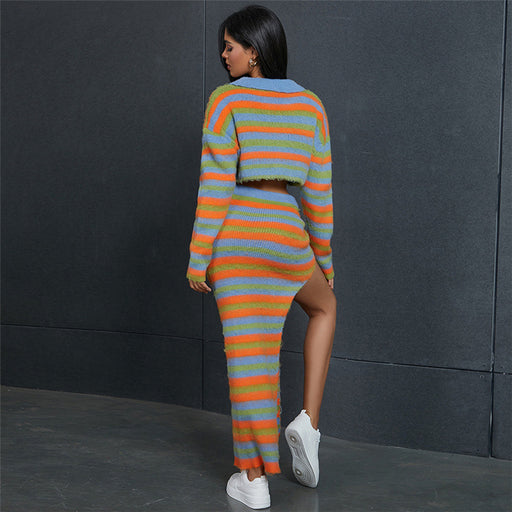 Color-Fall Women Clothing Sexy Knitted Striped Contrast Color High Waist Slim Long Slit Skirt Sets-Fancey Boutique