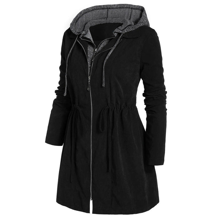 Color-Black-Mid-Length Cotton-Padded Coat Women Winter Coat Zipper Faux Two-Piece Hooded plus Size Cotton Clothes Women-Fancey Boutique