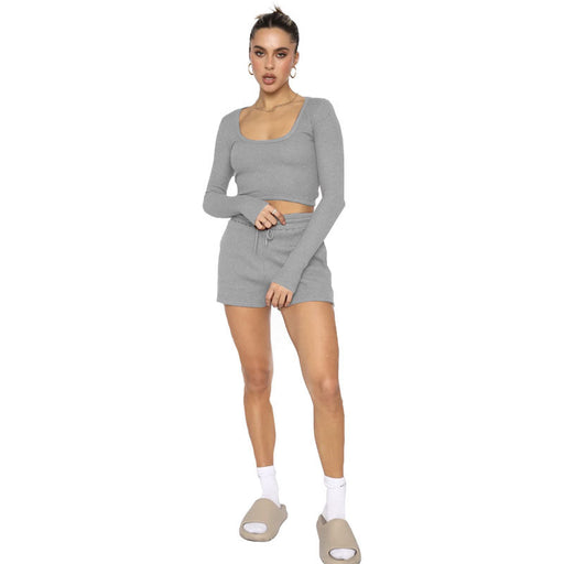 Color-Gray-Spring Waffle Solid Color U Neck Long Sleeved Short Women Clothing Casual Shorts Suit-Fancey Boutique