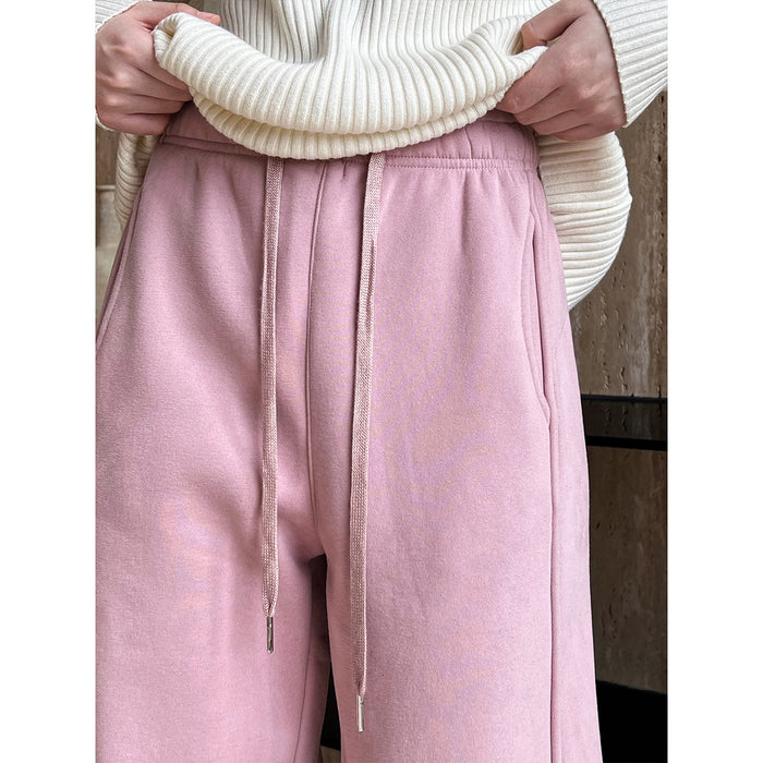 Color-Sports Pink Drawstring Sweatpants for Women Autumn Winter Thermal Velvet Thickened Ankle Banded Pants-Fancey Boutique
