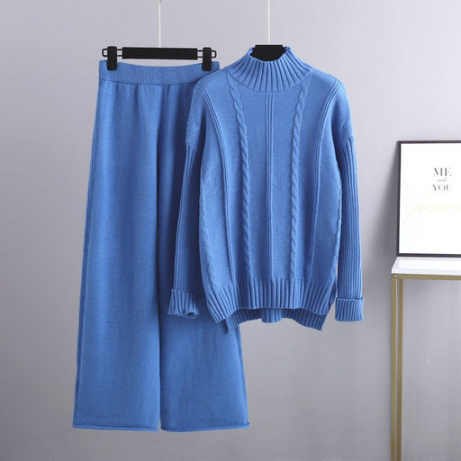 Color-Blue-High End Mock Neck Sweater Wide Leg Pants Suit for Women Autumn Winter Younger Knitted Two Piece-Fancey Boutique