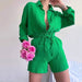 Color-Green-Women Clothing Suit Pure Cotton Summer Collared Long Sleeve Shirt High Waist Pocket Shorts Two Piece Set-Fancey Boutique