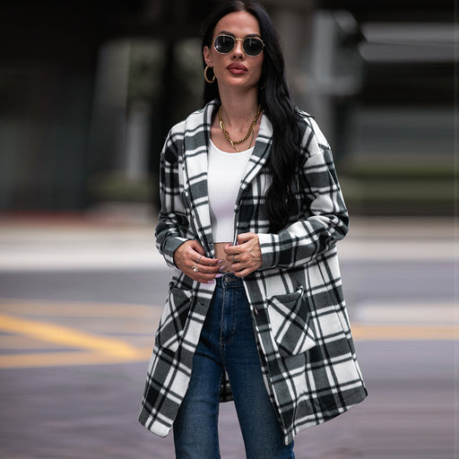 Color-Autumn Winter Women Collared Pocket Plaid Wool Coat-Fancey Boutique