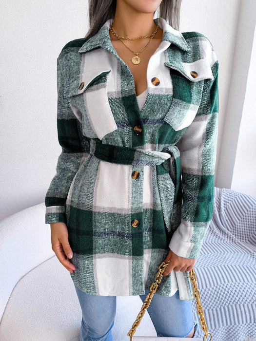 Color-Green-Autumn Winter Casual Long Sleeve Tied Thick Woolen Coat Women Clothing-Fancey Boutique