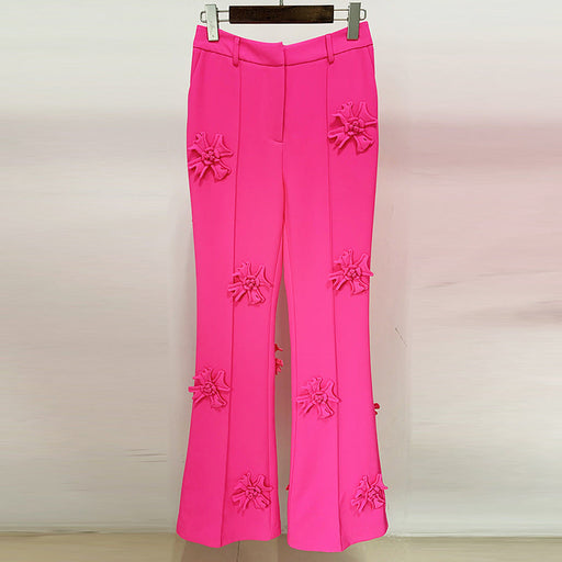 Color-Pink-Stars Heavy Industry Three-Dimensional Floral Decoration Bootcut 3D Rose Pants Work Pant-Fancey Boutique