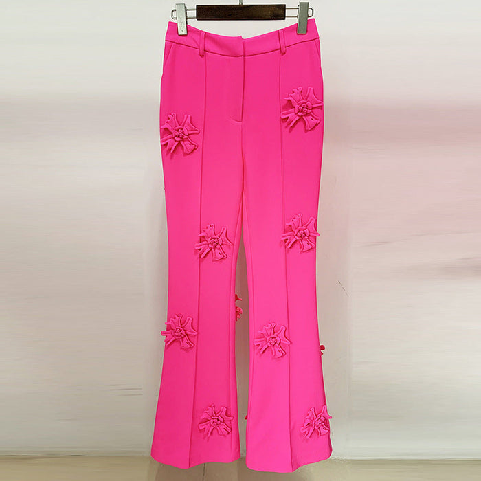 Color-Pink-Stars Heavy Industry Three-Dimensional Floral Decoration Bootcut 3D Rose Pants Work Pant-Fancey Boutique