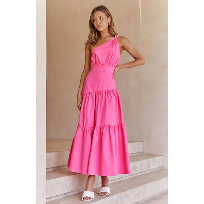Color-Spring Summer One-Shoulder Knotted Solid Color Fresh Long Sweet Dress-Fancey Boutique