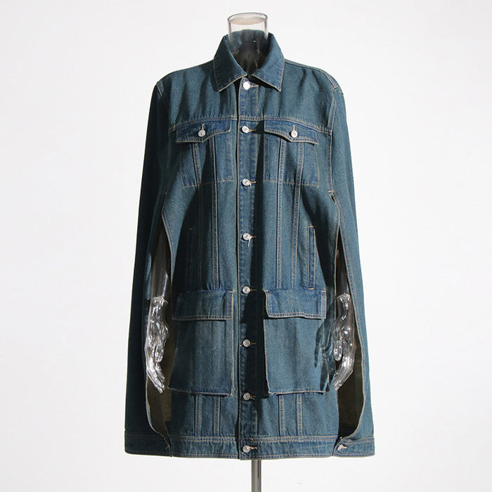 Color-Autumn Trend Niche Design Hollow Out Cutout Cut Loose Cape Washed Denim Jacket Women-Fancey Boutique
