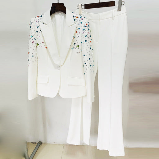 Color-White-Goods Heavy Industry Beaded Colored Diamond Slim Fit Blazer Skinny Pants Suit Two Pieces-Fancey Boutique
