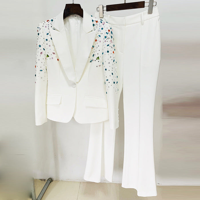 Color-White-Goods Heavy Industry Beaded Colored Diamond Slim Fit Blazer Skinny Pants Suit Two Pieces-Fancey Boutique