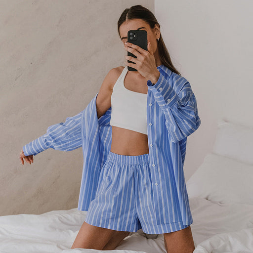 Color-Blue Color Striped Collared Long Sleeved Pants Suit Summer Women Clothing Two Piece Suit-Fancey Boutique