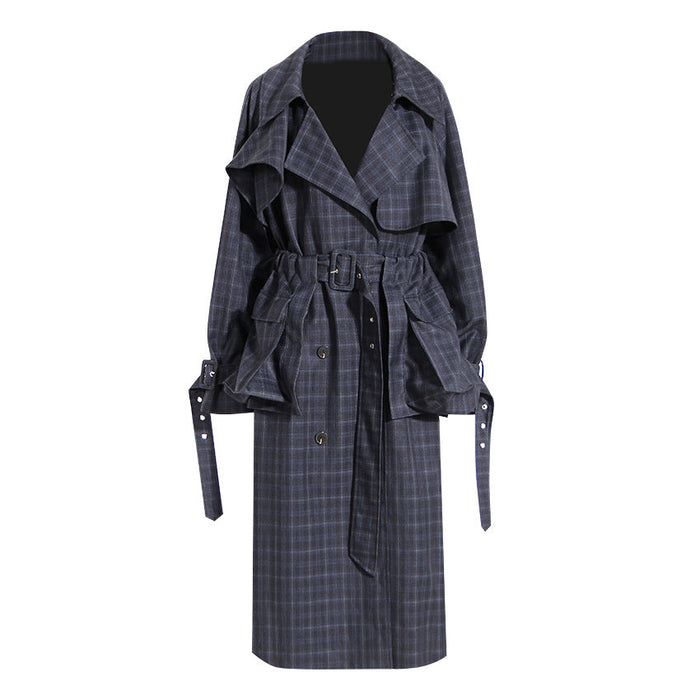 Color-British Plaid Trench Coat For Women Autumn Winter Waist Belt Large Pocket Detachable Lace Up Long Trench Coat-Fancey Boutique