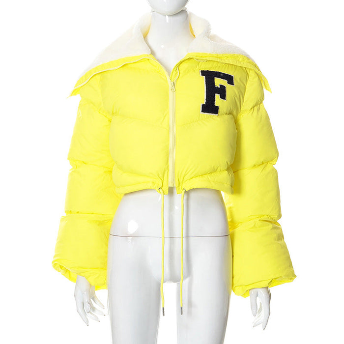 Color-Yellow-Winter Solid Color Letter Graphic Fur Collar Zipper Drawstring Women Clothing Casual Cotton Padded Jacket Top-Fancey Boutique
