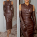 Color-Autumn Dress Solid Color Mid Waist Irregular Asymmetric Retro Brown Office Chest Wrapped Sleeveless Faux Leather Dress-Fancey Boutique