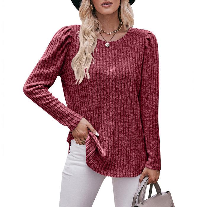 Color-Burgundy-Women round-Neck Puff Sleeve Brushed Sunken Stripe Solid Color Upper Clothes Long Sleeves T-shirt-Fancey Boutique
