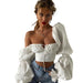 Color-White-Summer Sexy Printing Flare Sleeve Pleated Crop-Top Short Top Women-Fancey Boutique